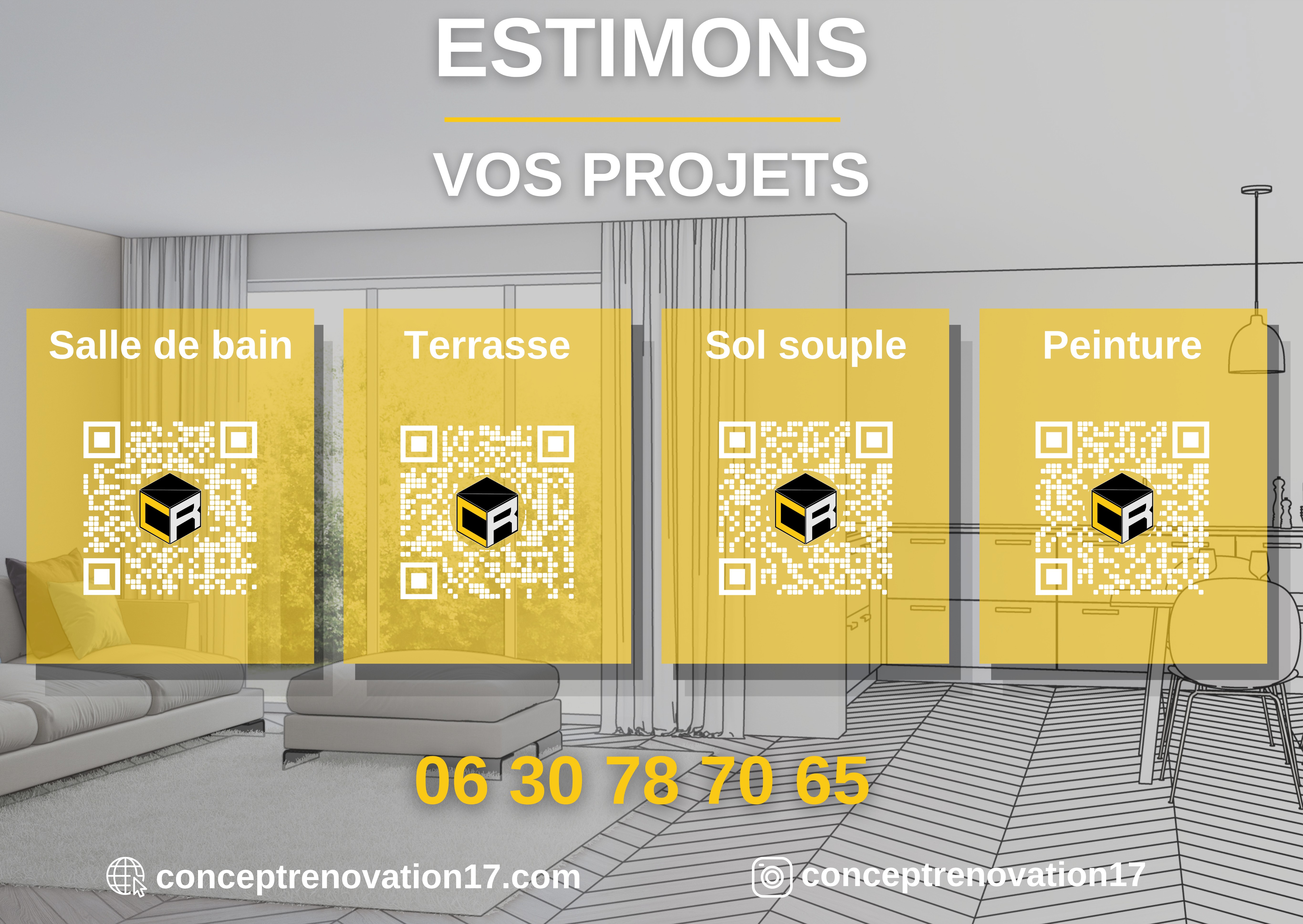 Estimons vos projets : salle de bain, terrasse, sol souple, peinture. Contact : 06 30 78 70 65